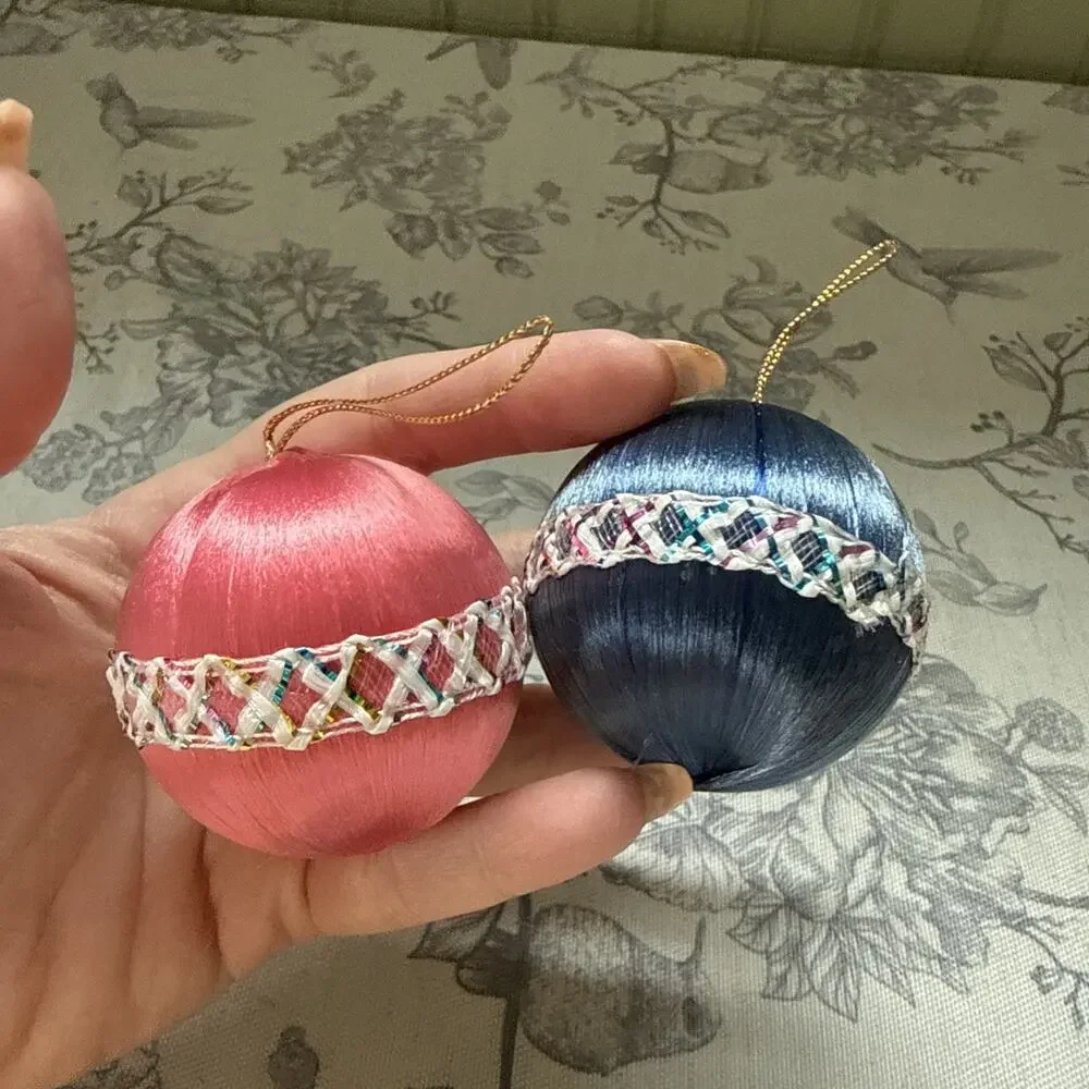 Vintage Satin Unbreakable Christmas Ornaments Lot 6 Colorful Pastel Sparkle